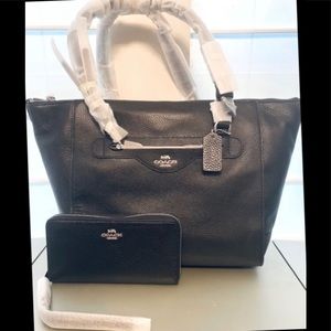 Coach Black Shoulder Bag and Black Wallet Silver Hardware Zipper Closures NWT